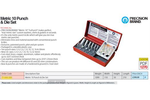 Precision Brand 77-040-300, SHIM PUNCH & DIE SET METRIC(40300)  SHIM PUNCH & DIE SE